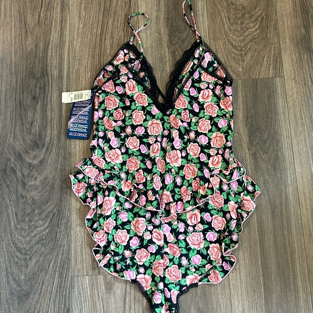 VTG Lily of France Babydoll Nightie Women Floral lace bodysuit MED NWT - Picture 2 of 5